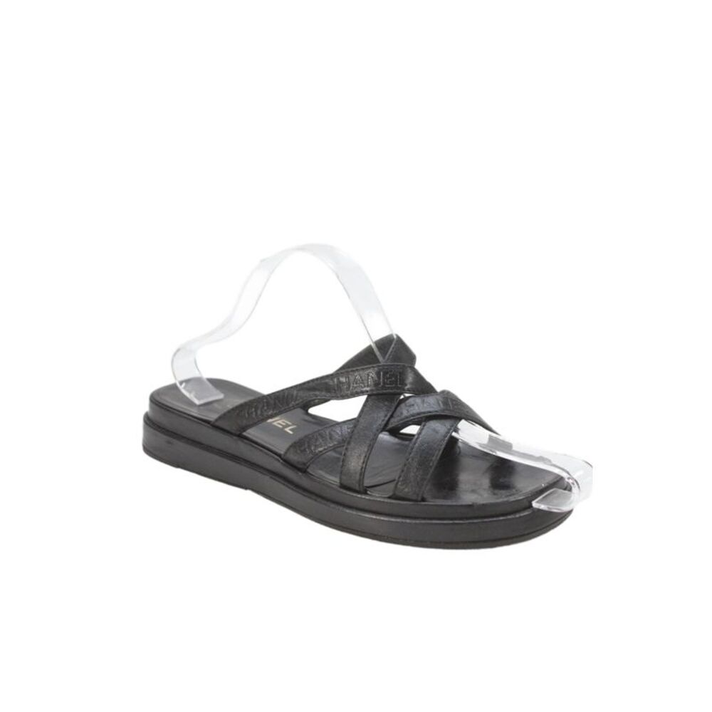 Chanel Womens Leather Strappy Open Toe Slip On Flip Flops Black Size 10
